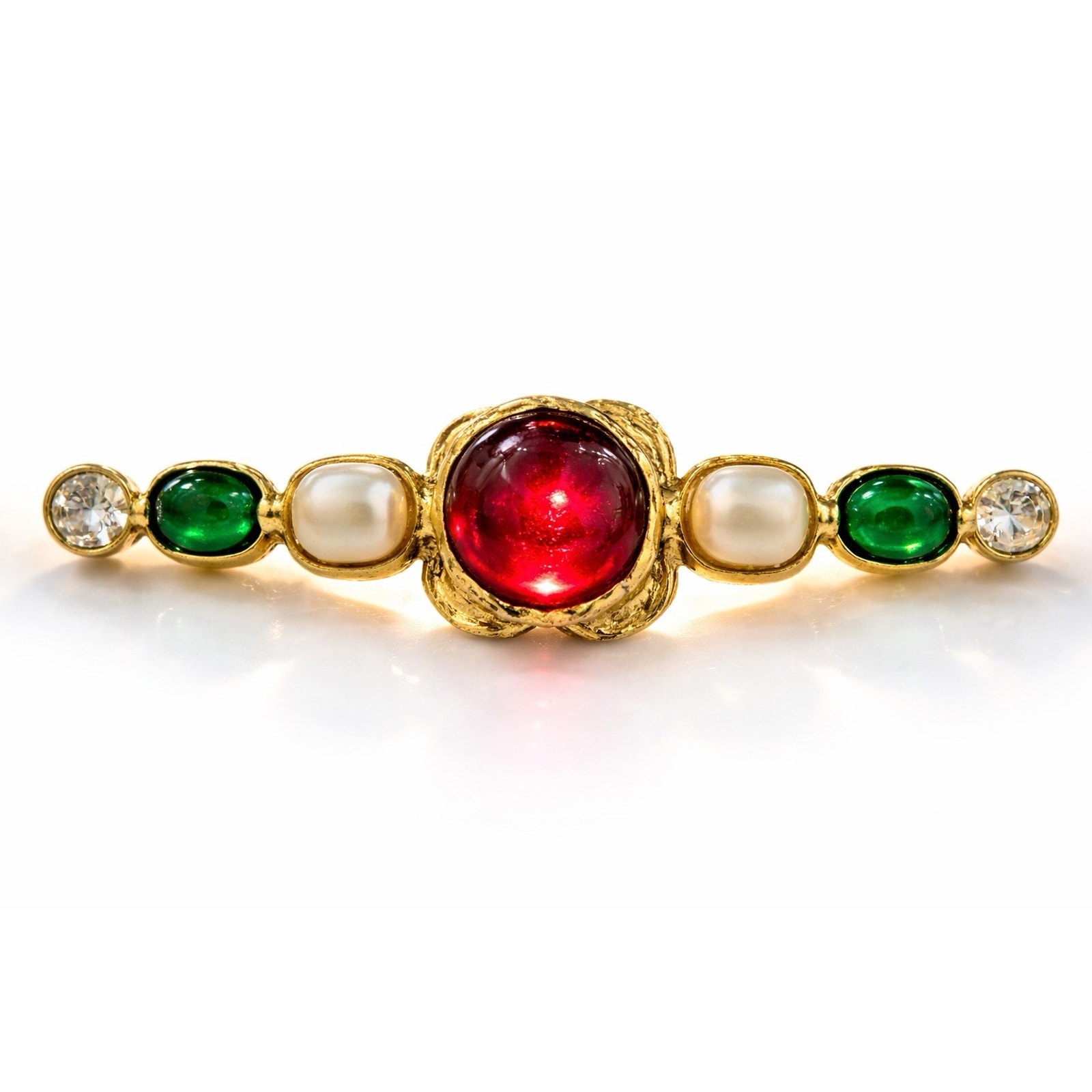 Vintage Chanel 1986 Gripoix Glass Cabochon Bar Brooch Pearl Green Cc Logo